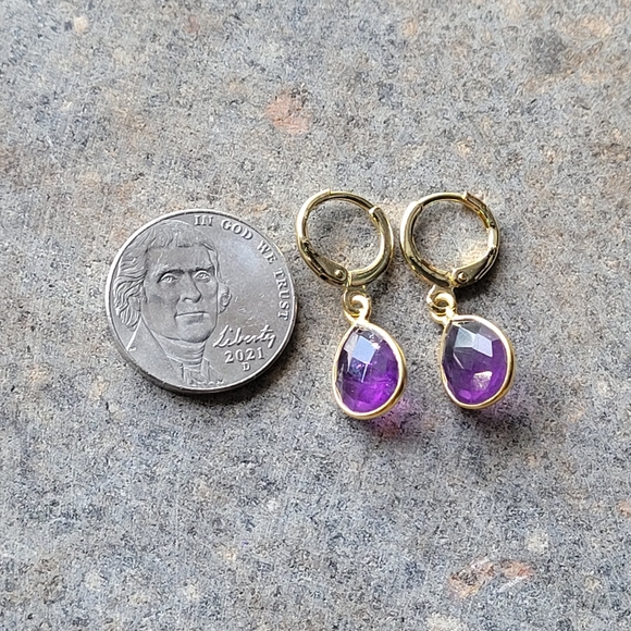 18k Gold Plated Amythest Teardrop Earrings - Picture 6 of 6